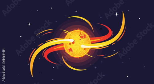 Animated illustration showcasing the powerful energy emanating from a cosmic star