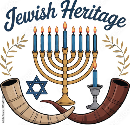 Jewish Heritage Symbols: Menorah, Shofar, Star of David, and Candles