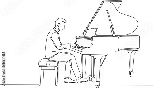 Minimalist line drawing of a pianist playing a grand piano with