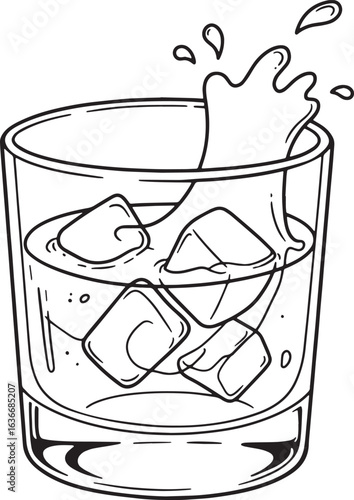 Line art illustration of a glass with bourbon and ice cubes, sty