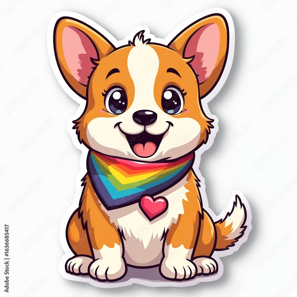 Fototapeta premium Cute corgi puppy sticker design featuring playful cartoon character wearing rainbow bandana, pink heart emblem. Adorable artwork perfect for kids, pet lovers, adds cheerful, vibrant flair to design