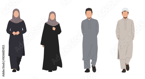 Muslim people in various standing and walking pose