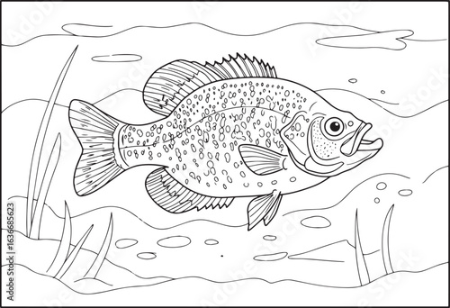 Black and white outline drawing of a crappie fish swimming under