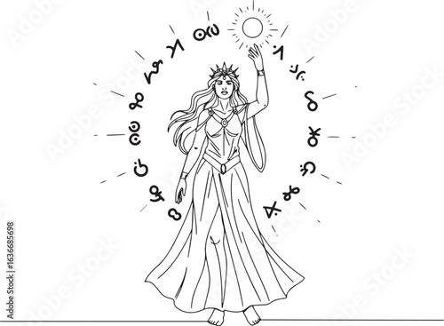 Celestial enchantress raises the sun within mystical rune circle