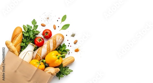 Fresh groceries spilling out of a brown paper bag isolated on white background