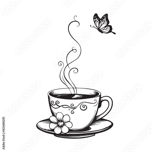 Vector art of handdrawn illustration of a steaming coffee cup with a butterfly and flower, isolated on white background