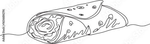 Minimalist continuous line drawing of a filled lavash roll on wh