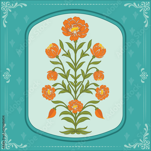 mughal Traditional Floral Motif with Ornamental Flowers. Traditional indian flower motif illustrations.