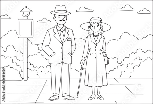 Elegant vintage couple with cane and hat in park black and white