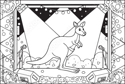 A coloring page of a kangaroo on a stage with spotlights, microp