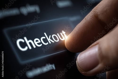 Hand poised to click checkout button while online shopping, showcasing a moment of digital purchasing process Generative AI