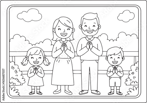 Monochrome illustration portraying a family greeting, showcasing