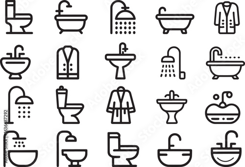 Bathroom Icon Collection Black Lineart Depicting Bathtubs Toilets Sinks Showers and Robes in a Clean and Modern Style