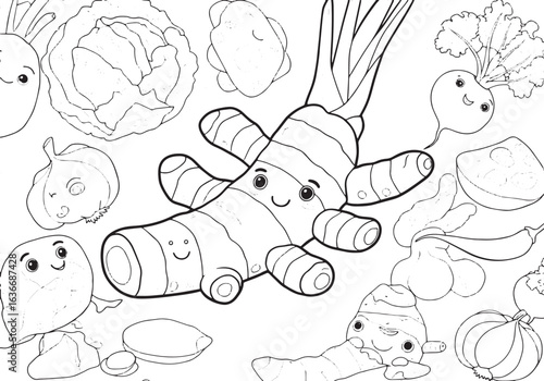 Charming monochrome illustration featuring smiling vegetables fo