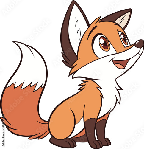 Cheerful Cartoon Fox with Bright Eyes Sitting Patiently Looking Upwards with an Innocent Expression and a Fluffy White Tipped Tail