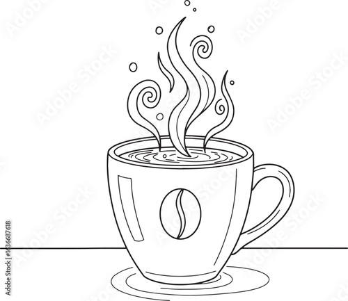 Steaming coffee cup line art with kitchen background illustratio