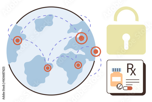 Globe with distribution points, medical prescription, lock icon highlighting pharmacy distribution, logistics, security, and access. Ideal for healthcare, cybersecurity, global trade technology