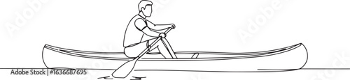 Single line drawing of a man paddling a canoe on a calm water bo