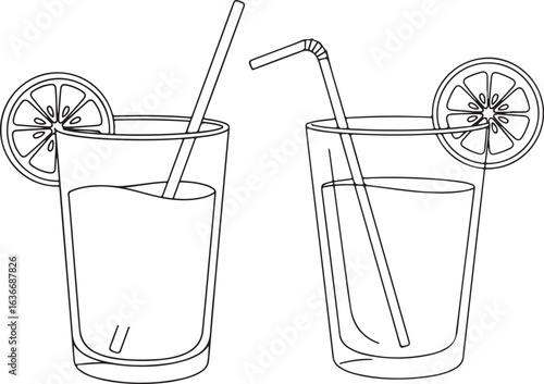 Two glasses of lemonade with straws and lemon slices, vector illustration