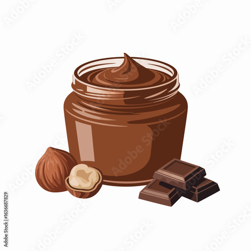 Delicious chocolate hazelnut spread in a jar with nuts and chocolate chunks