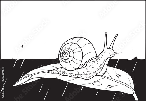 Whimsical snail illustration in grayscale on leaf under rain, si
