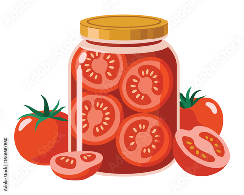 Jar of sliced tomatoes preserved in liquid with whole and halved tomatoes