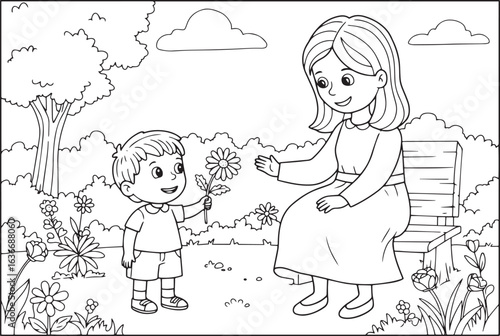 A heartwarming coloring page depicting a child offering a flower