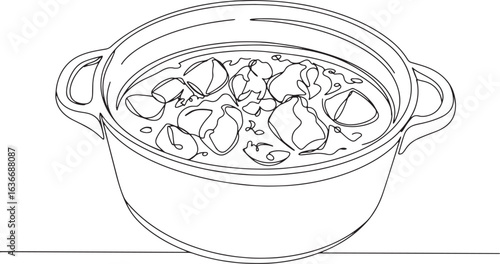 Minimalist line art illustration of lamb curry in a pot for culi