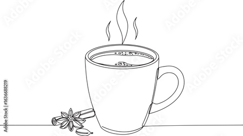 Elegant line drawing of masala chai with aromatic spices for des