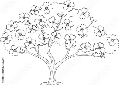 Dogwood tree outline illustration with blooming flowers in sprin