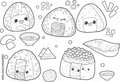 Delightful onigiri and sushi line art assortment for creative co