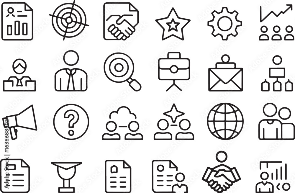 Fototapeta premium Diverse Business Icon Set Collection Outline Vector Illustration Depicting Teamwork Success Growth Analysis Target Global Communication and Leadership Development for Corporate and Startup Projects