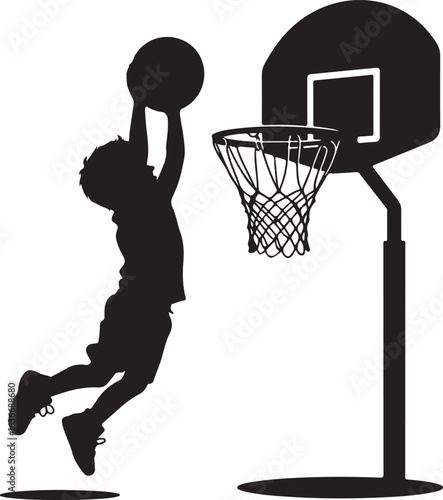 Black Silhouette of Child Dunking on Short Basketball Hoop, Isolated on White Background