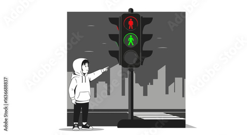 Boy Learns About Pedestrian Traffic Lights Safety In The City Streets