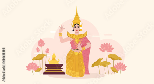 Apsara dancer in traditional costume with lotus flowers, celebrates cambodian culture and classical dance with graceful gestures and serene backdrop