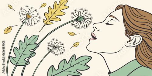 Dreamy woman blowing dandelion seeds feeling carefree and light, enjoying a moment of pure simple happiness