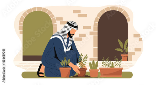 Arabic Man Gardening Potted Plants in the Courtyard with Middle Eastern Style
