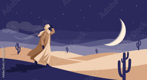 Arabian Wanderer At Night Journey In The Desert Under Crescent Moon