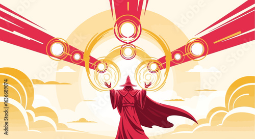 Arcane Master Conjuring Celestial Spheres With Mystic Aura Over The Clouds