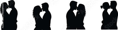 Couple kissing silhouette, romantic embrace, black and white illustration, love moment, minimalist art, intimate pose, vector design, emotional connection