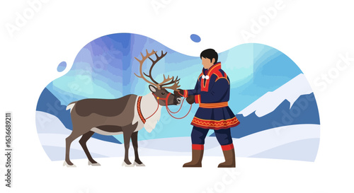Arctic Landscape Featuring a Reindeer Herder in Traditional Attire