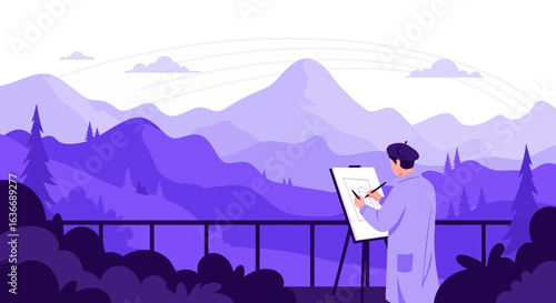 Artist Capturing Mountain Vista On Canvas In Serene Hues And Peaceful Setting