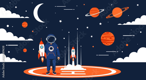 Astronaut Dreaming Of Exploration Standing In a Fantastic Space Landscape