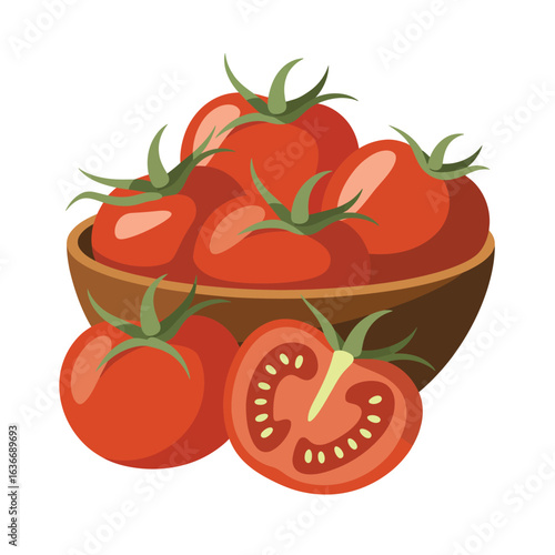 Fresh ripe tomatoes in a wooden bowl illustration