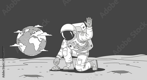Astronaut Exploring Lunar Surface Waving at Earth Illustration Concept