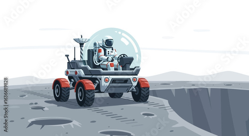 Astronaut Exploring Lunar Surface With Vehicle Near Deep Crater Cartoon