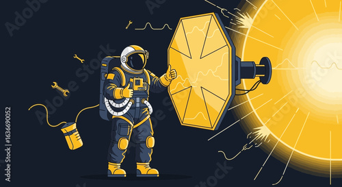 Astronaut Giving Thumbs Up Near A Futuristic Satellite In Deep Outer Space