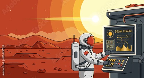 Astronaut Monitoring Solar Energy Status on Mars Base Terminal Interface