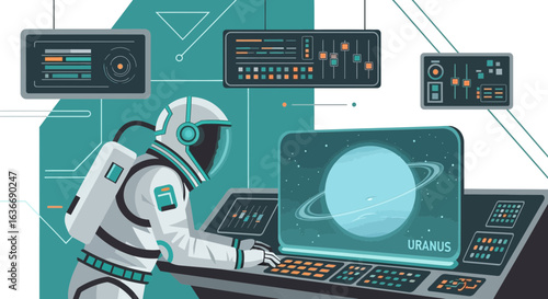 Astronaut monitoring Uranus on a computer in a futuristic space station control room vector design illustration