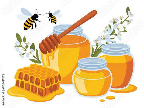 Sweet honey products with bees and honeycomb illustration